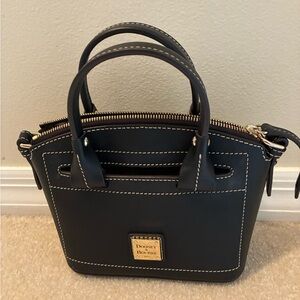 Mini Dooney & Bourke Black Leather Crossbody Satchel with White Stitching